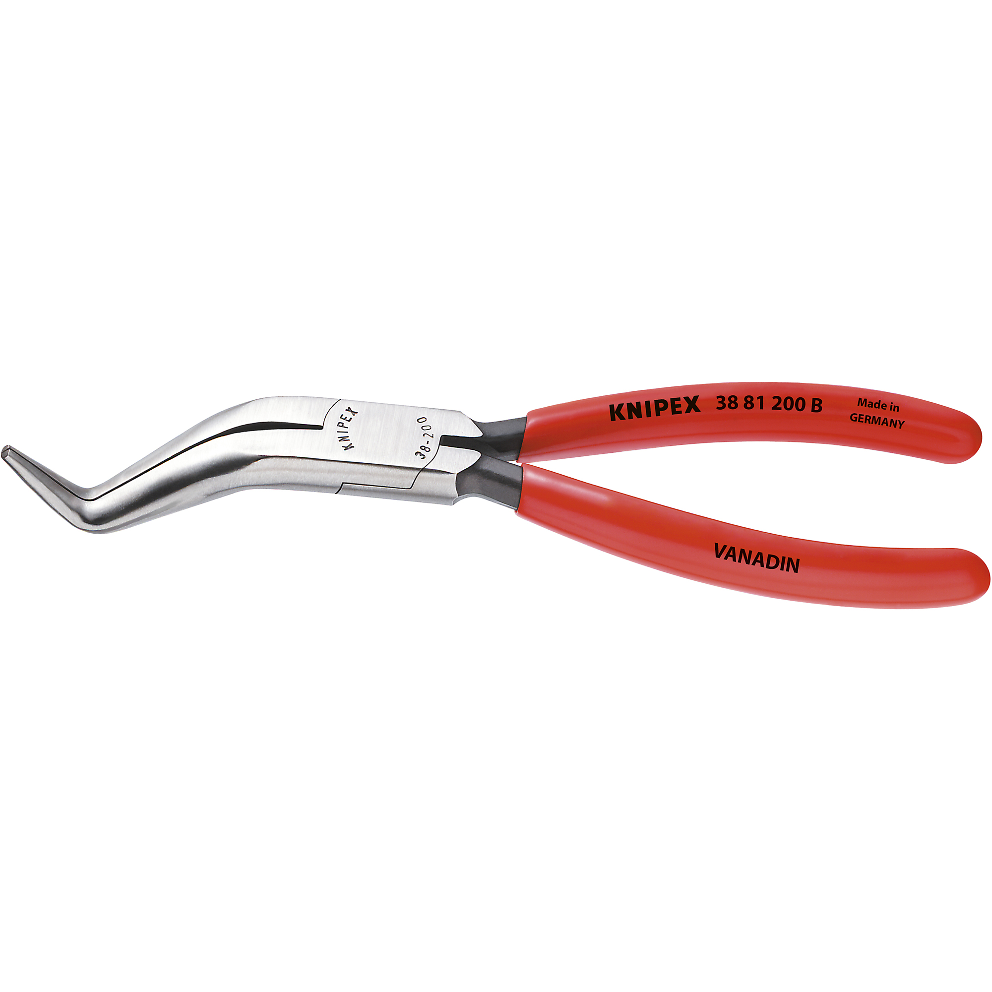 KNIPEX, Long Nose Pliers w/o Cutter-Double Angled, 8in., Pieces (qty.) 1 Material Vanadium Steel, Model# 38 81 200 B